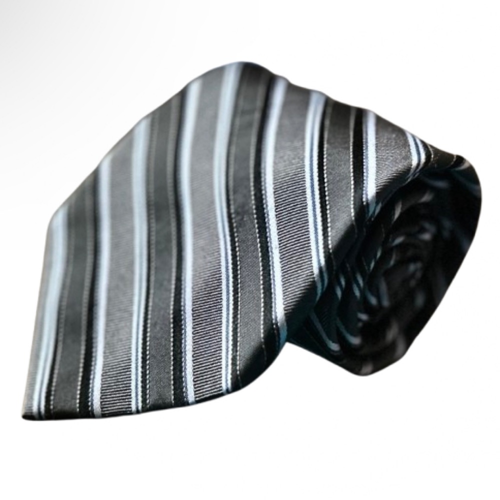 Calvin Klein Men's Hand Made Tie 100% Silk Dark Gray Blue & Black Stripes